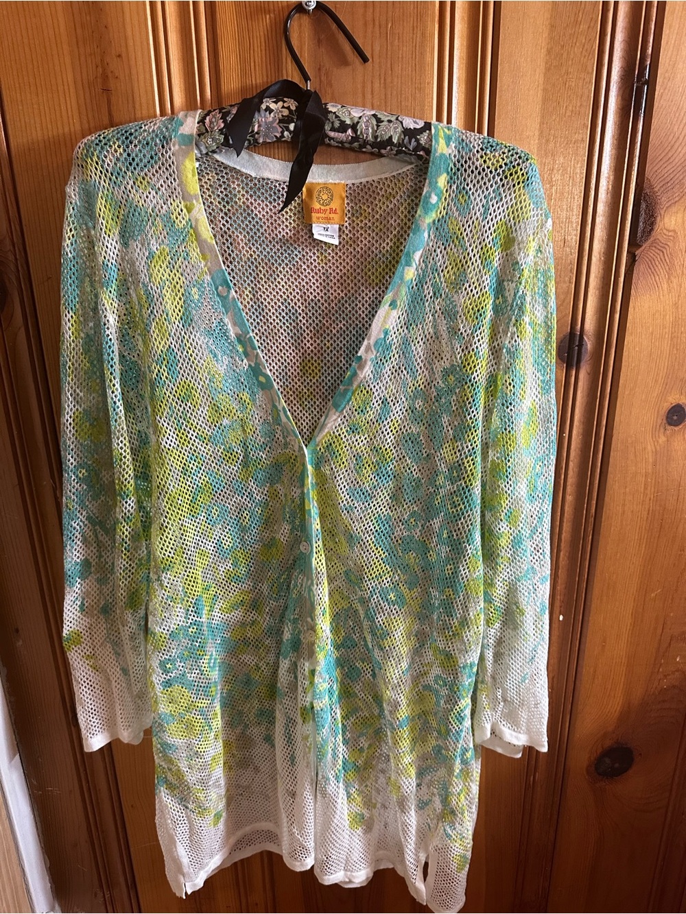 Ruby Rd. White Mesh Swim Cover-Up with Teal and Lime Floral Print